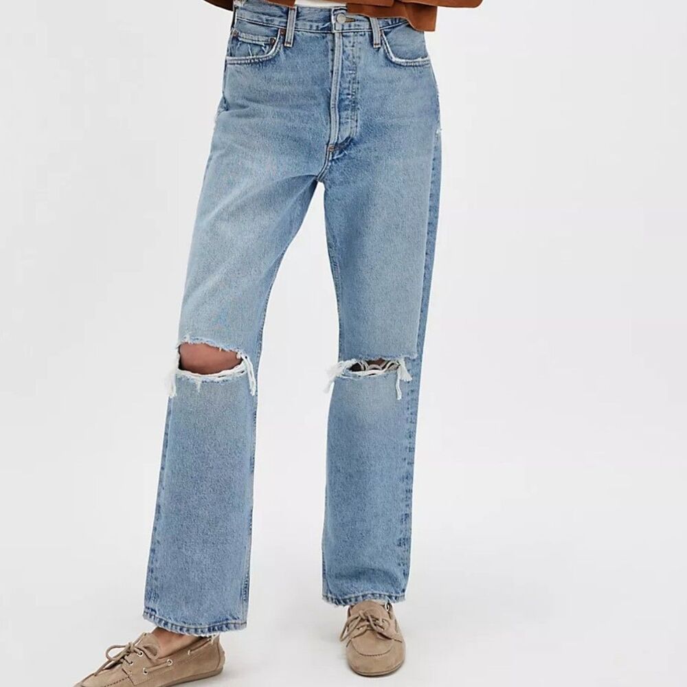 Agolde Mid Rise 90s Distressed Button Fly Blue Casual Denim Frayed Jeans 25